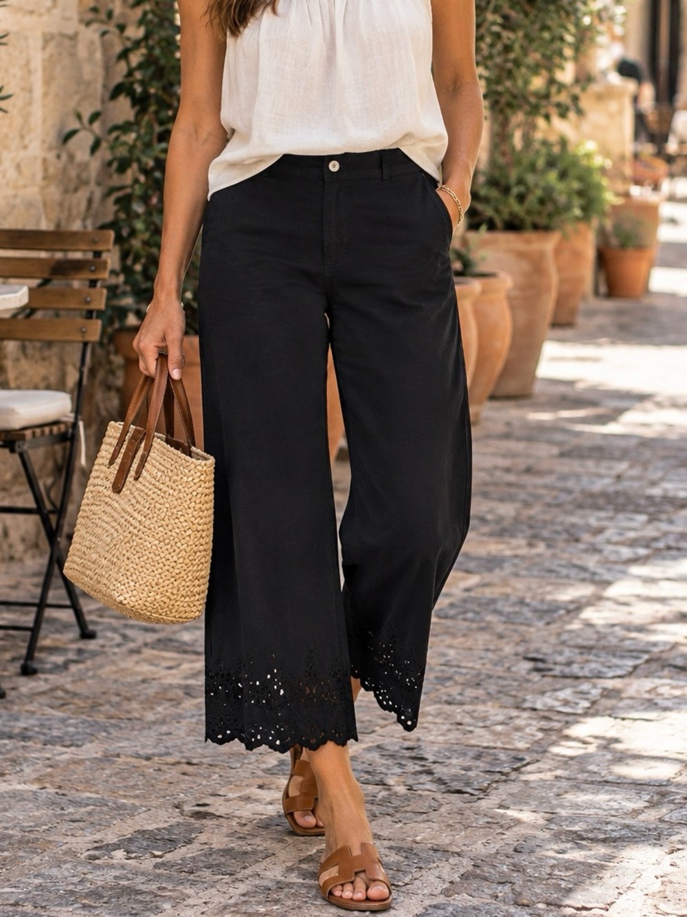 Cynthia Rowley Linen Blend Black Cropped Wide-Leg Eyelet Hem Pants